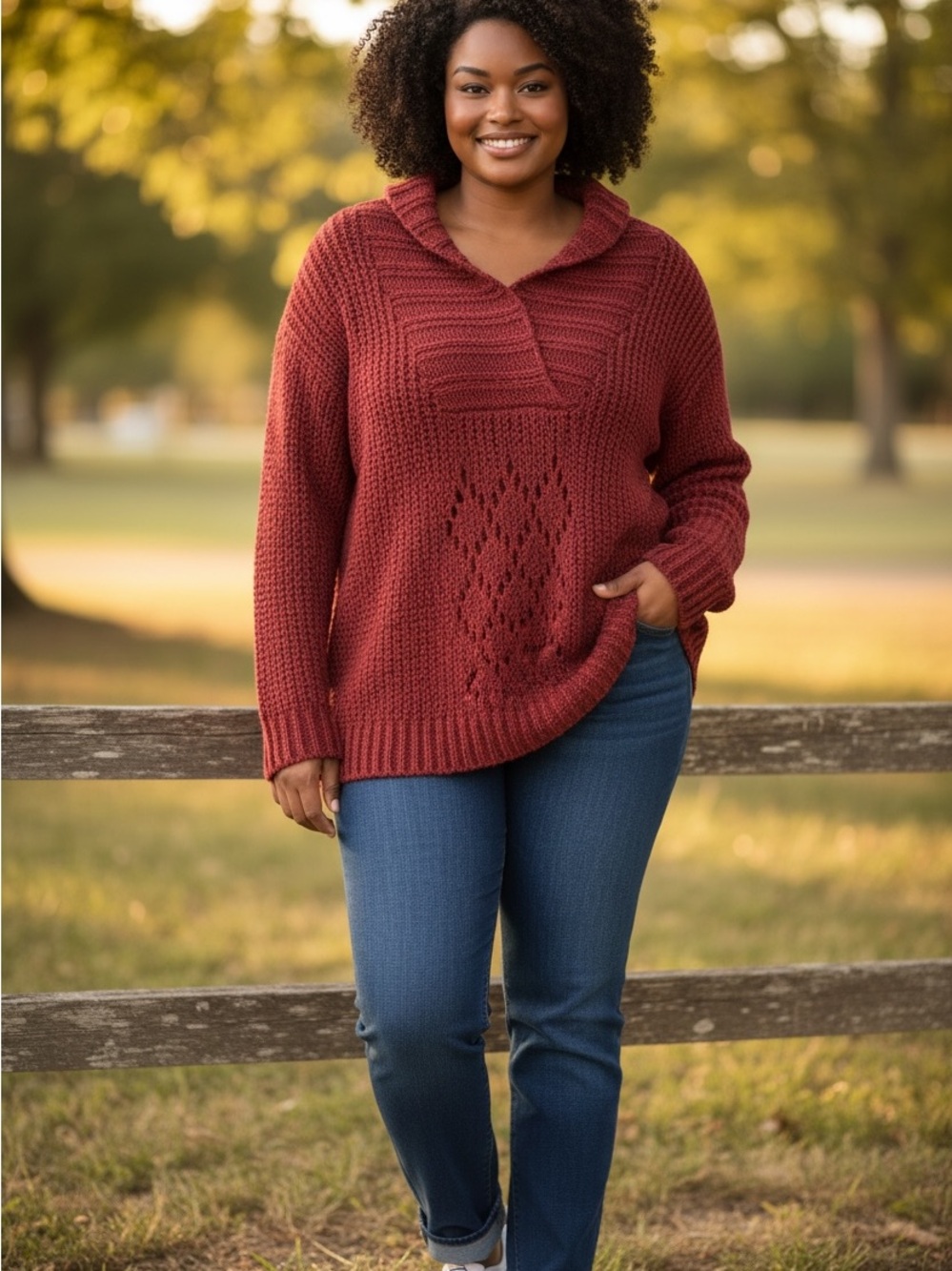Vintage Confess Chunky Knit Shawl Collar Sweater - Red - Size Large